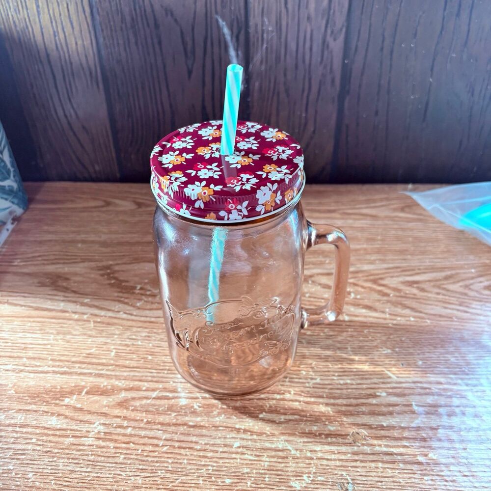 The Pioneer Woman Light Glass 32oz Mason Jar Mug Floral Lid & Straw - Retired
